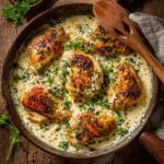 Creamy garlic chicken skillet served in rustic pan