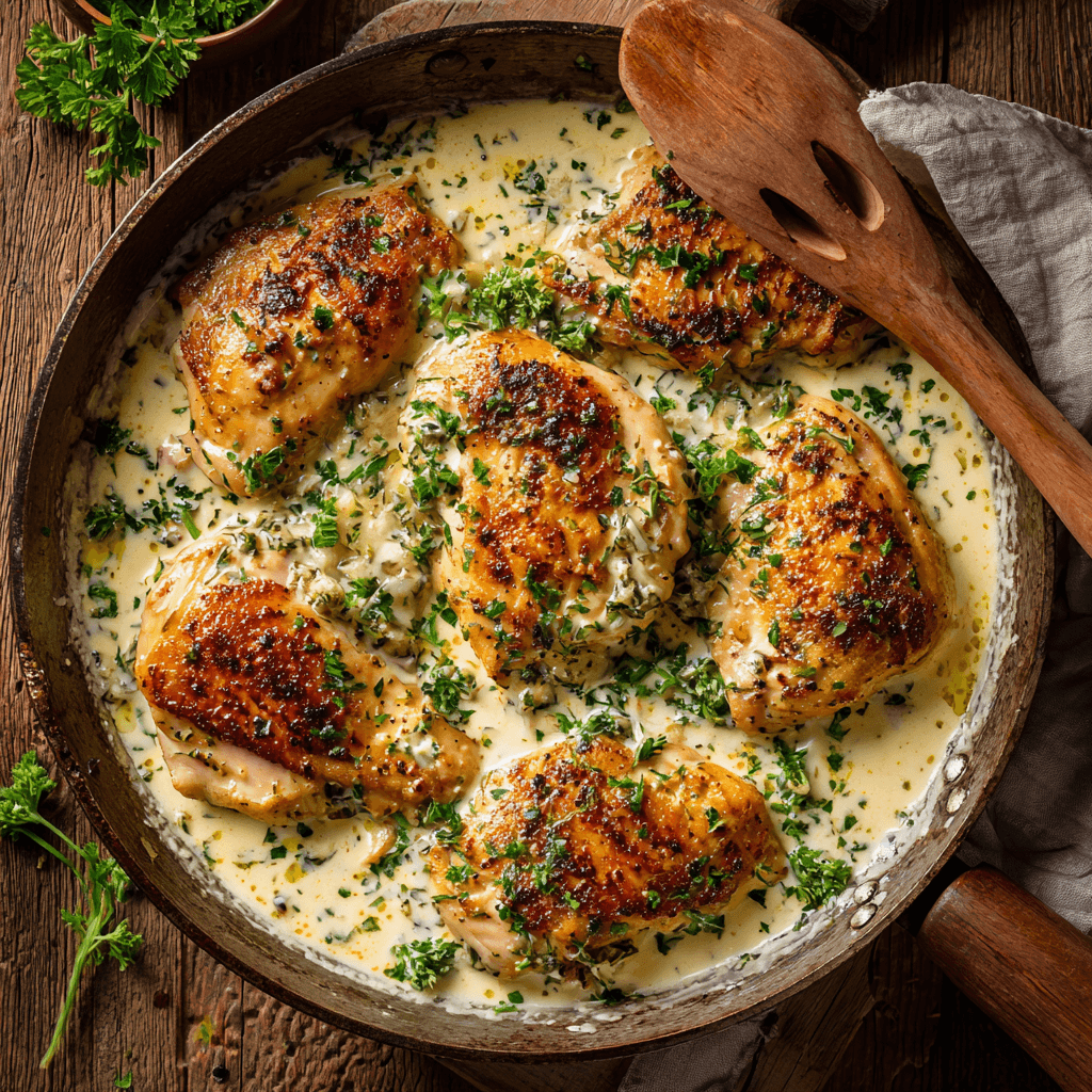 Creamy garlic chicken skillet served in rustic pan