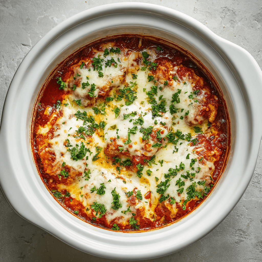 chicken parmesan crockpot casserole in a slow cooker