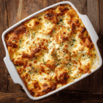 Easy Chicken Alfredo Bake in a white ceramic dish