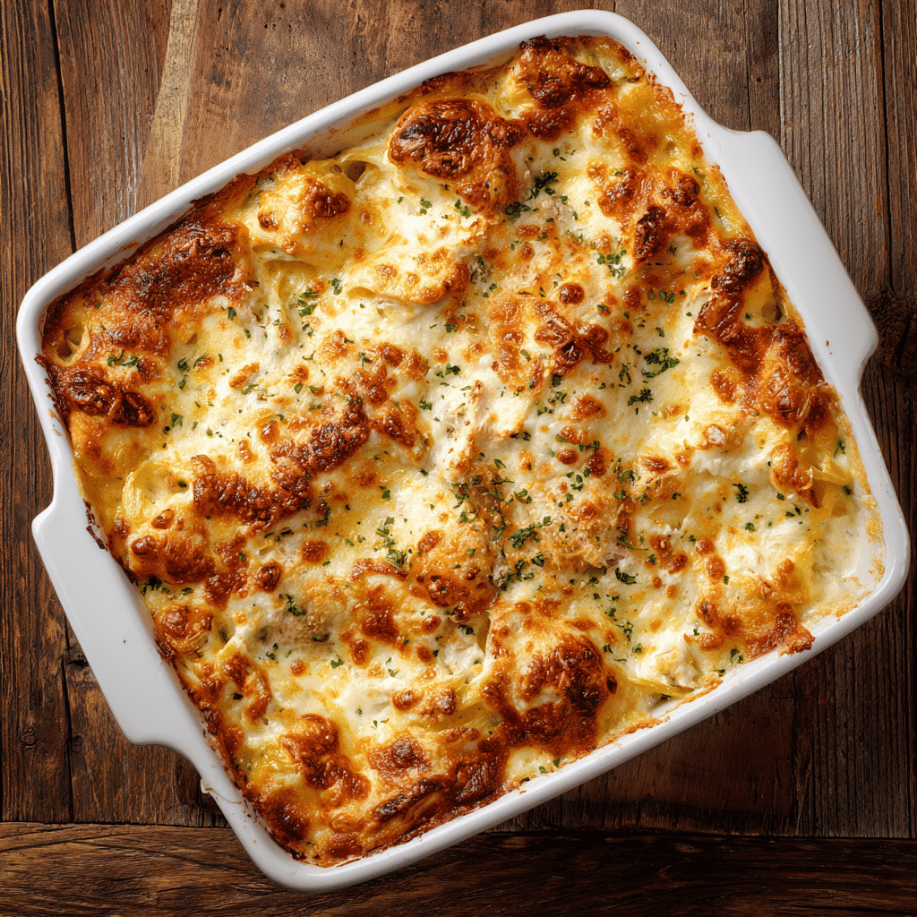 Easy Chicken Alfredo Bake in a white ceramic dish