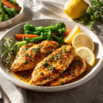 Healthy baked chicken tenderloins on white plate with herbs
