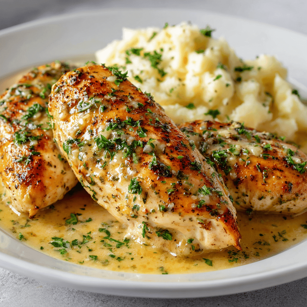 Plated creamy garlic butter chicken with mashed potatoes