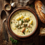 chicken and potato soup in rustic bowl