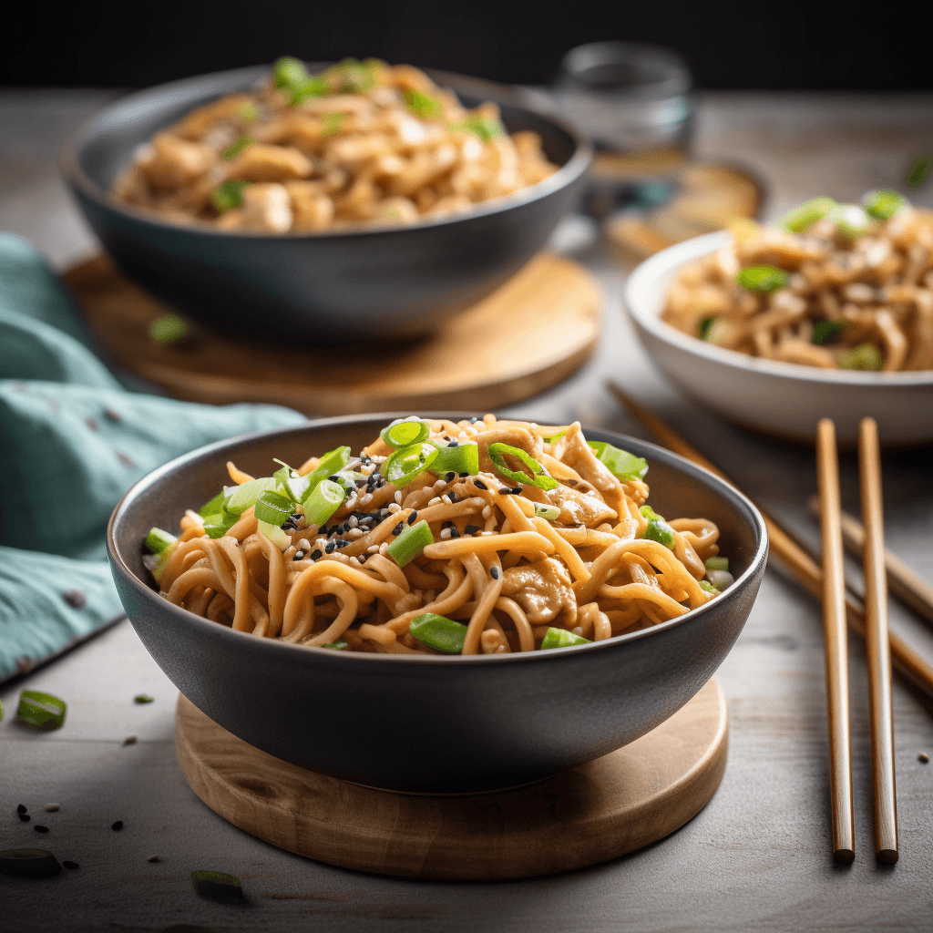 Served bowls of high-protein chicken lo mein