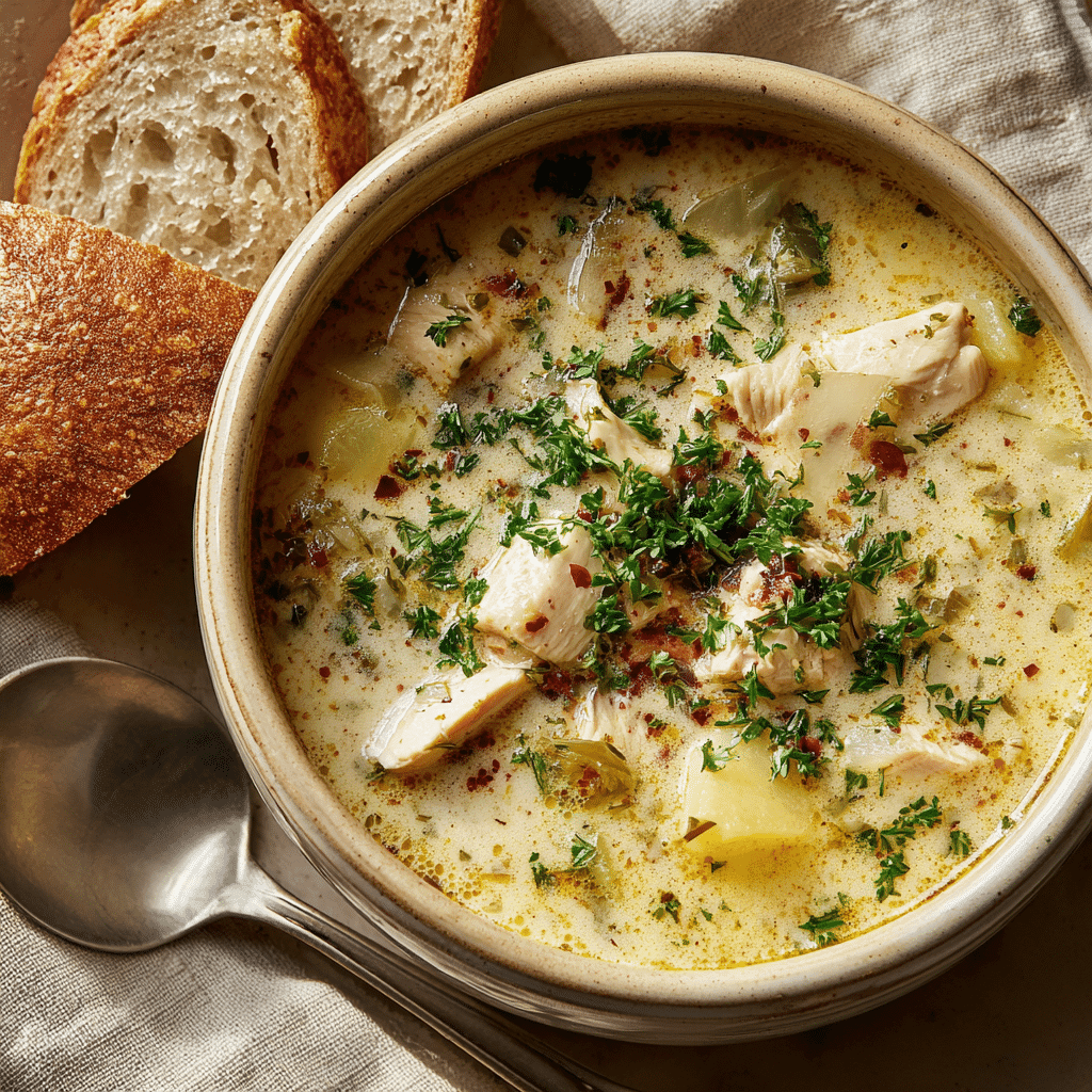 serving chicken and potato soup with garnish