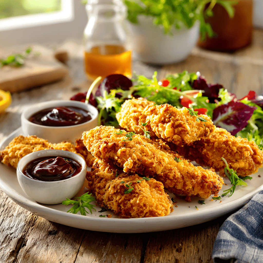 serving crispy oven-baked chicken tenders with sides