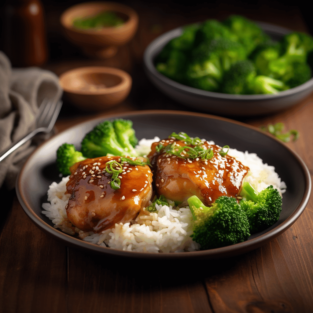 Plated honey garlic chicken thighs with rice and broccoli