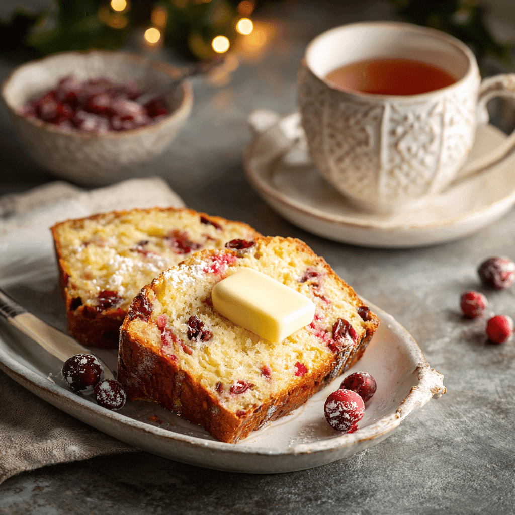 Sliced cranberry orange bread served with tea