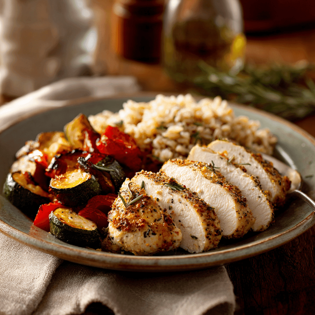 Healthy baked chicken tenderloins served with rice and veggies