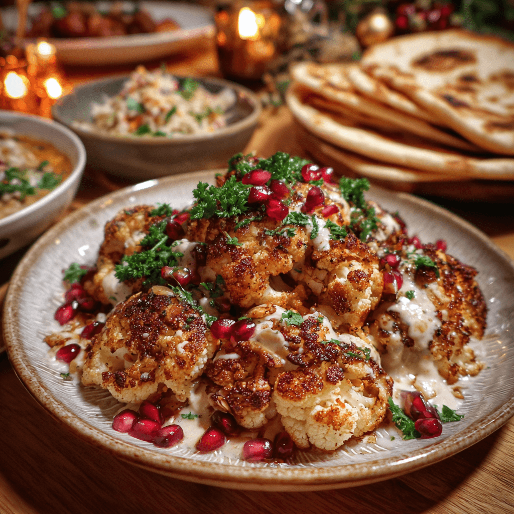 Served spiced roasted cauliflower with tahini sauce and herbs