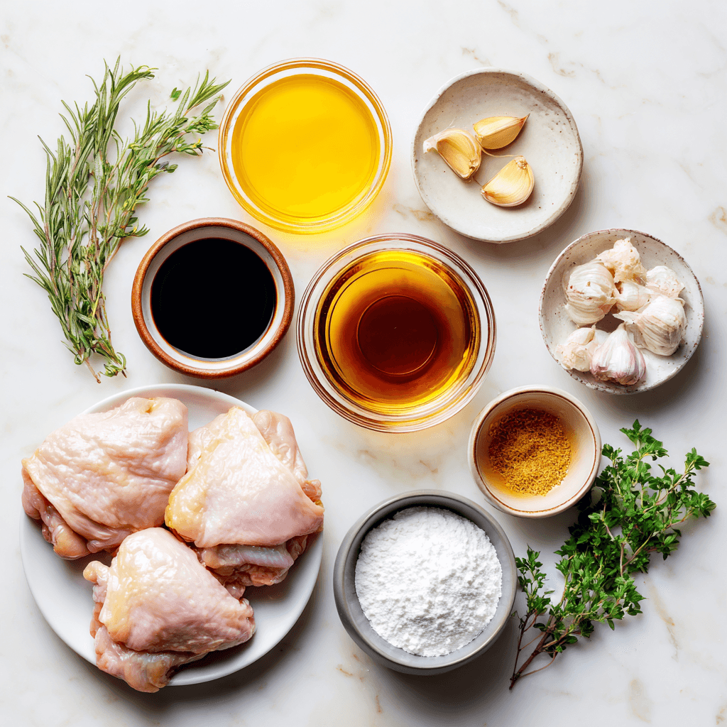 Ingredients for honey garlic chicken thighs on counter
