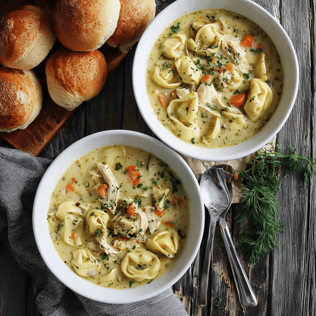 Chicken tortellini soup with garlic rolls