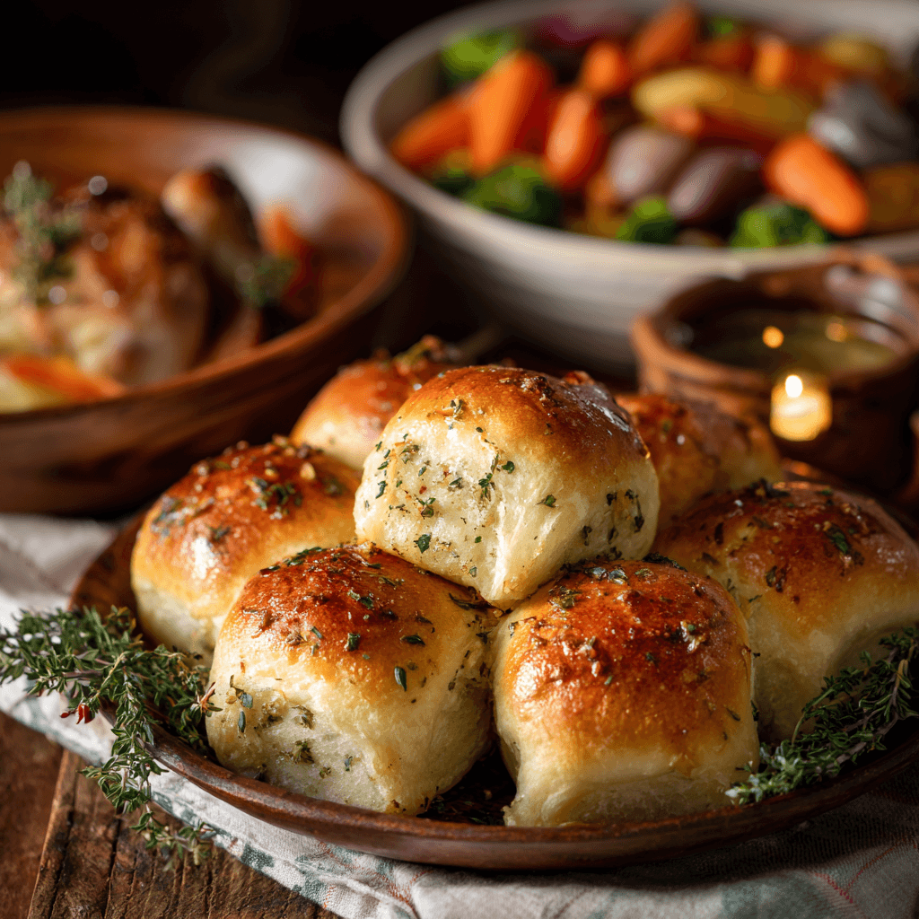 Garlic Butter Dinner Rolls on Dinner Table