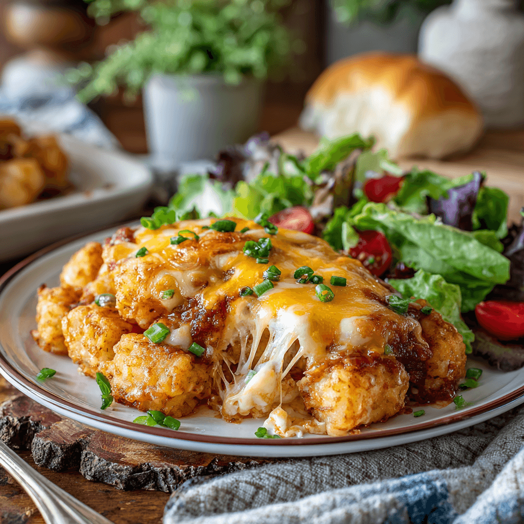 Serving cheesy crockpot tater tot casserole with chives and salad