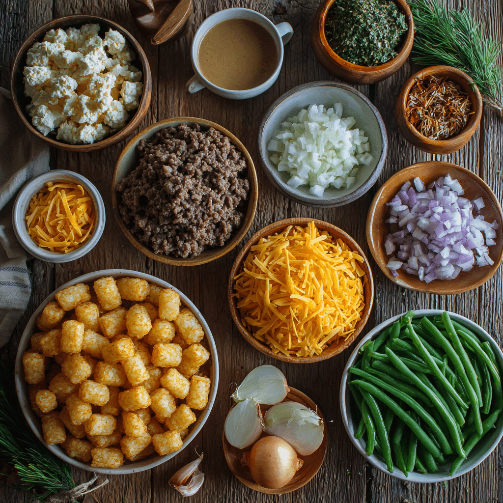 Ingredients for cheesy crockpot tater tot casserole laid out on wood
