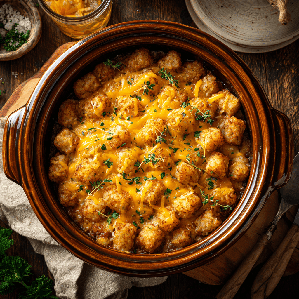 Cheesy Crockpot Tater Tot Casserole in slow cooker