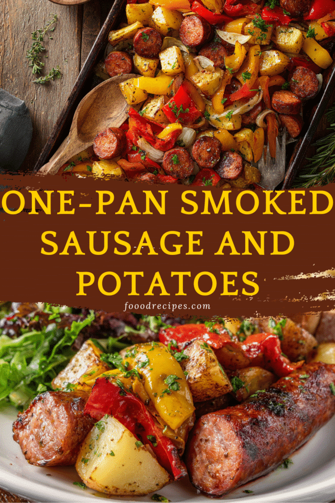 One-Pan Smoked Sausage and Potatoes with peppers on a rustic sheet pan and serving plate