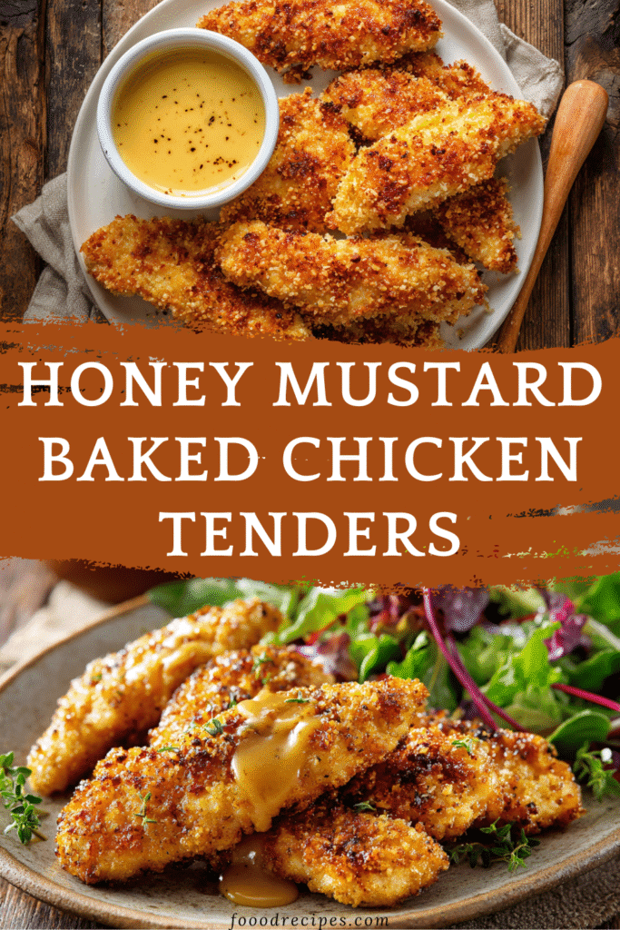 Honey Mustard Baked Chicken Tenders served with honey mustard drizzle, dip, and salad