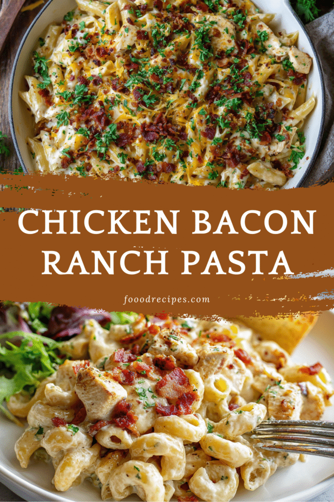 Chicken Bacon Ranch Pasta with creamy sauce, bacon, and herbs in a skillet