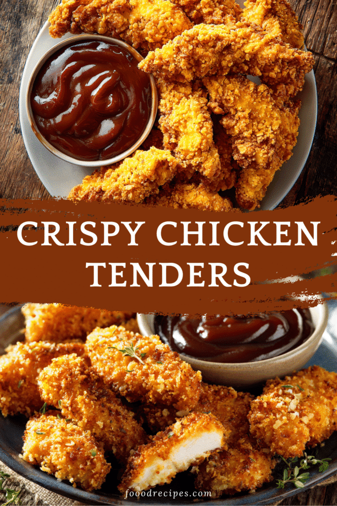 Crispy chicken tenders served with BBQ sauce on rustic plates