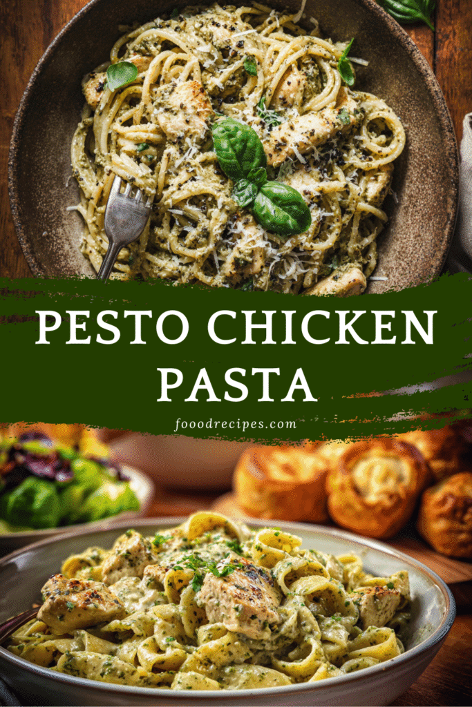 Creamy pesto chicken pasta served with garlic rolls and salad