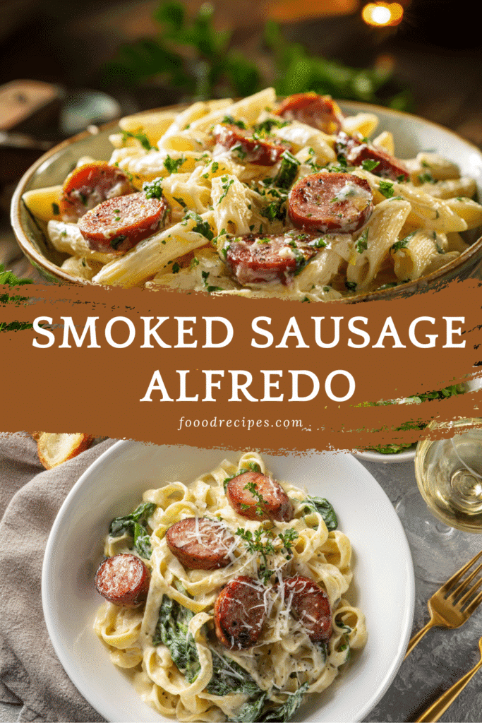 Smoked Sausage Alfredo Pasta with creamy sauce and seared sausage, perfect for a quick dinner