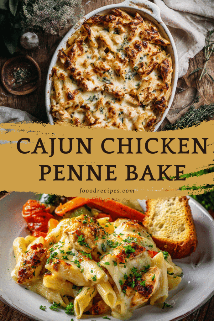 Baked creamy Cajun chicken penne pasta served hot in a golden casserole dish and plated with garlic bread and vegetables.
