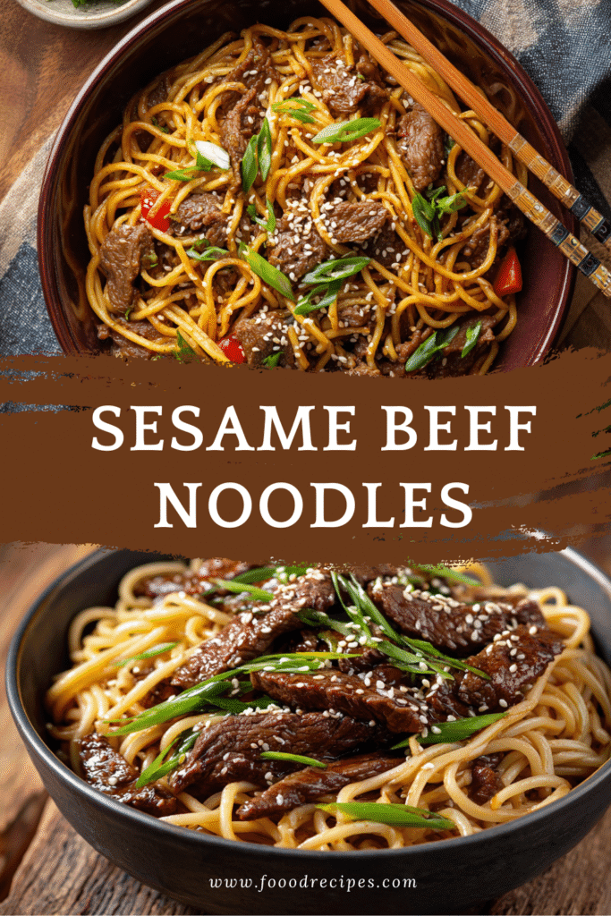 A bowl of Asian Sesame Beef Noodles topped with sesame seeds and scallions, served with chopsticks on a rustic table.