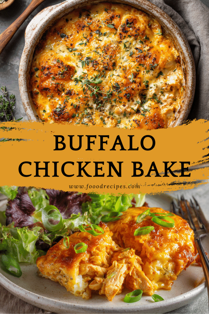 Plated serving of High-Protein Buffalo Chicken Bake with melted cheese and fresh greens