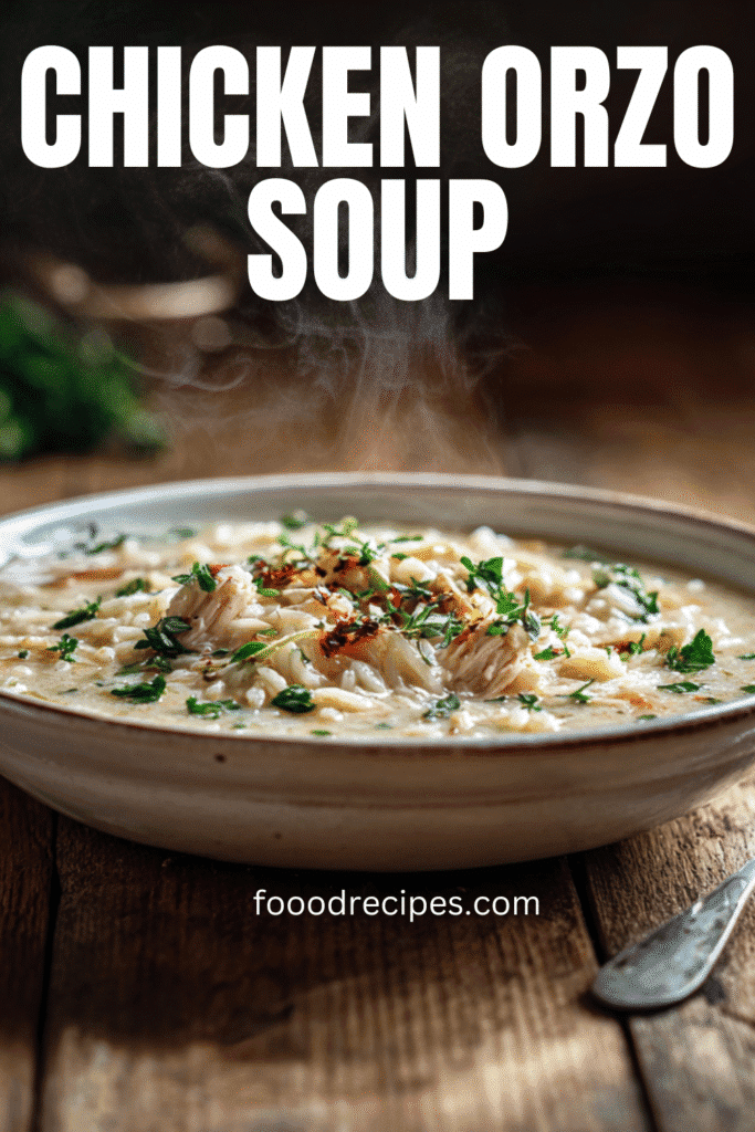 Creamy chicken orzo soup in a rustic bowl with fresh herbs, steam rising, served on a wooden table