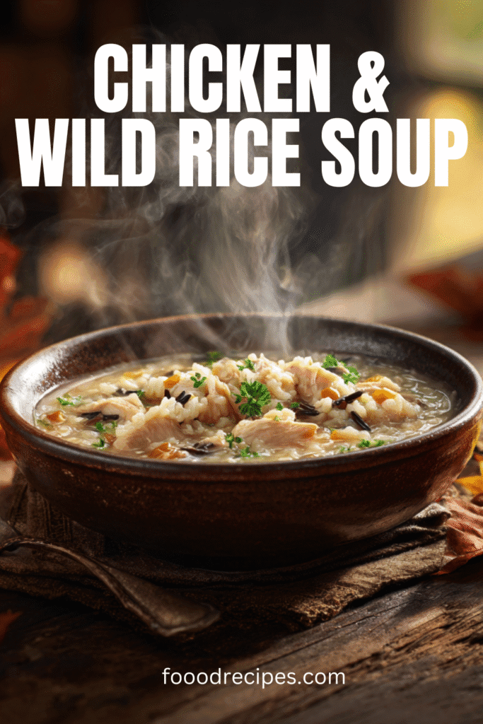 A steaming bowl of chicken and wild rice autumn soup garnished with parsley, perfect for cozy fall meals.