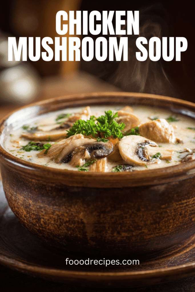 Steaming bowl of Chicken and Mushroom Cream Soup with sliced mushrooms and parsley