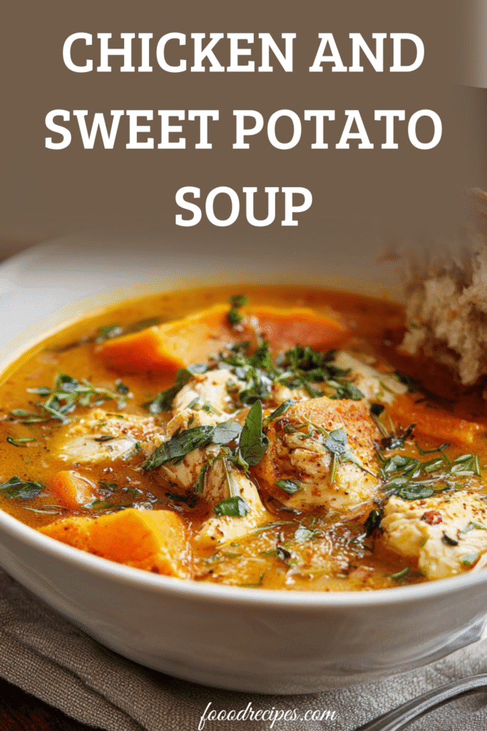 Close-up of chicken and sweet potato soup in white bowl with herbs