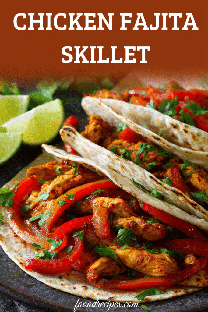 Fast Chicken Fajita Skillet served in warm tortillas with peppers and lime