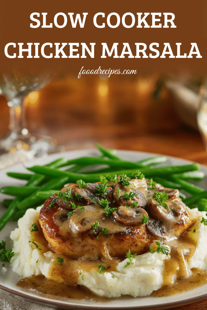 Slow cooker chicken marsala served over mashed potatoes with green beans and creamy mushroom sauce