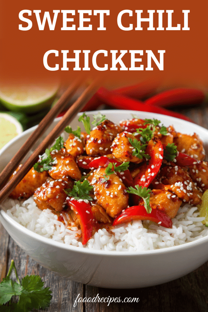 Sweet chili chicken stir fry served over jasmine rice in a white bowl with sesame seeds, red peppers, and fresh herbs