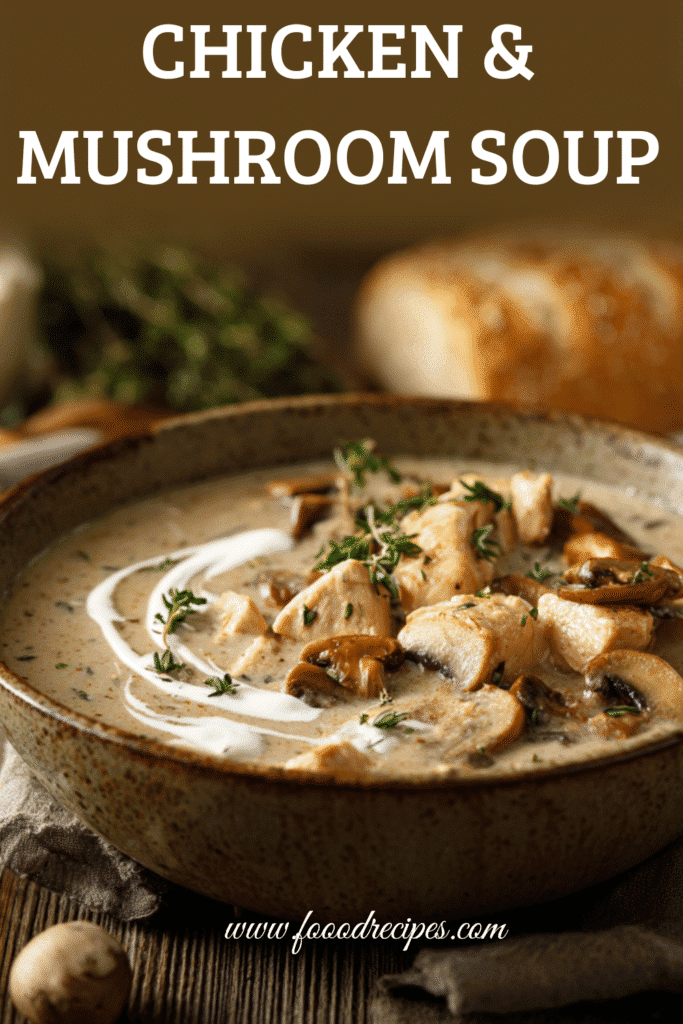 A warm bowl of creamy chicken and wild mushroom soup garnished with fresh thyme and cream, served with rustic bread.