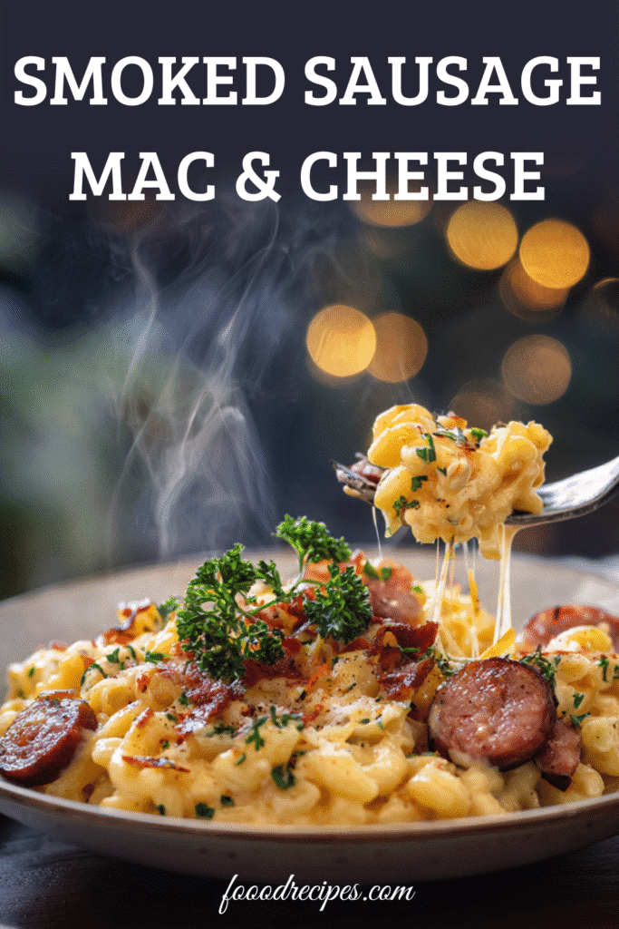 Bowl of creamy smoked sausage mac and cheese garnished with parsley and melted cheese being lifted with a fork.