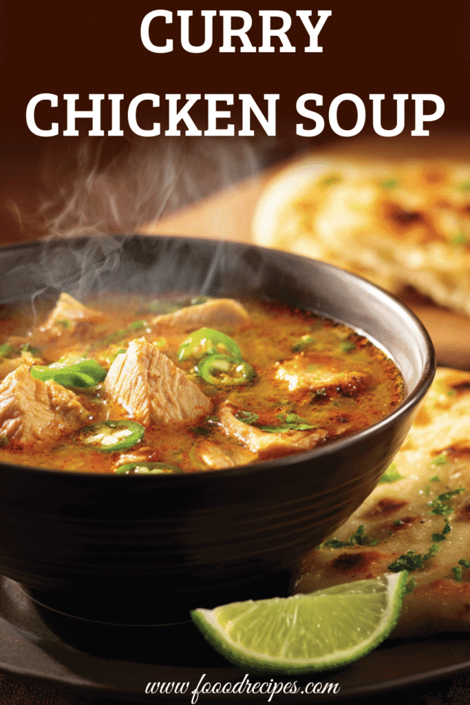 Steaming bowl of Global Fusion Curry Chicken Soup with coconut broth, chicken pieces, jalapeños, and lime