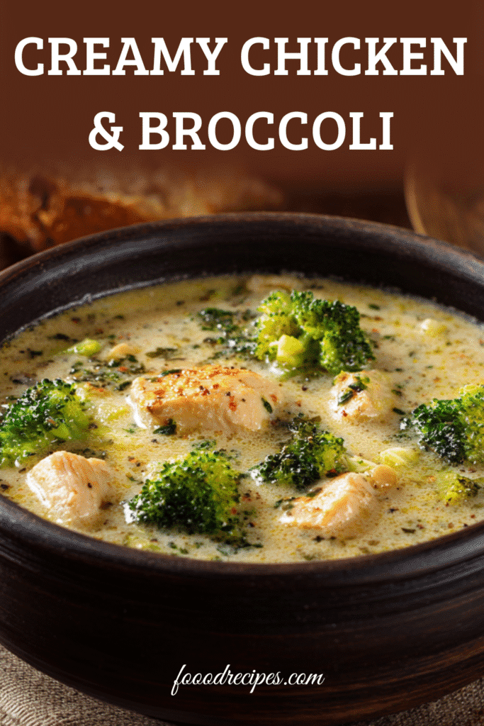 Pinterest pin showing a bowl of creamy chicken broccoli soup with tender chicken and bright green broccoli
