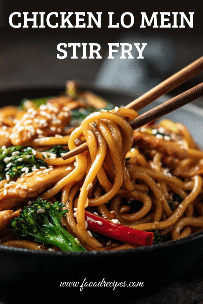 Close-up of Chicken Lo Mein Stir Fry with noodles, sesame seeds, and vegetables in a dark bowl, lifted with chopsticks
