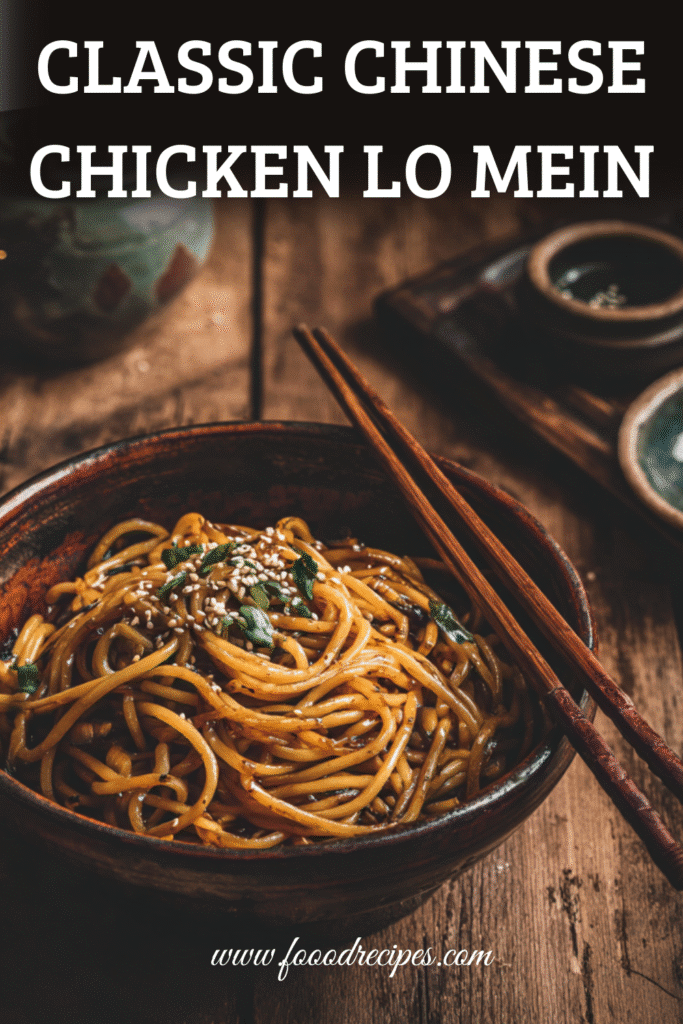 A rustic bowl of classic Chinese chicken lo mein noodles, garnished with sesame seeds and scallions, served with chopsticks on a wooden table.
