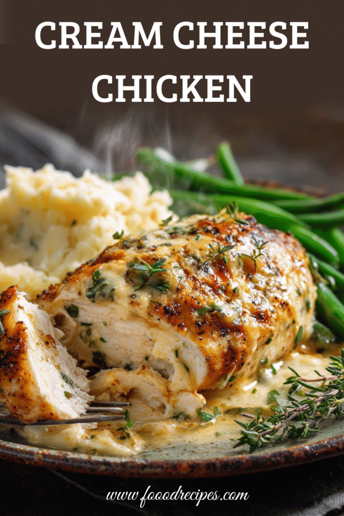 Cream cheese chicken breast served with mashed potatoes and green beans