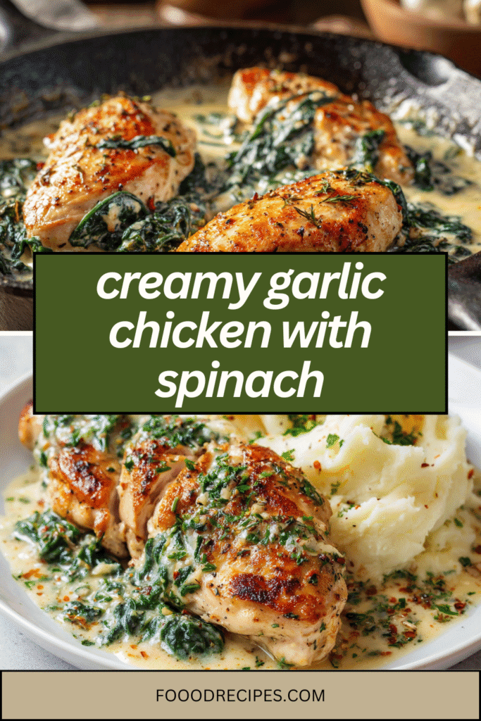 Creamy garlic chicken with spinach served in skillet and plated with mashed potatoes