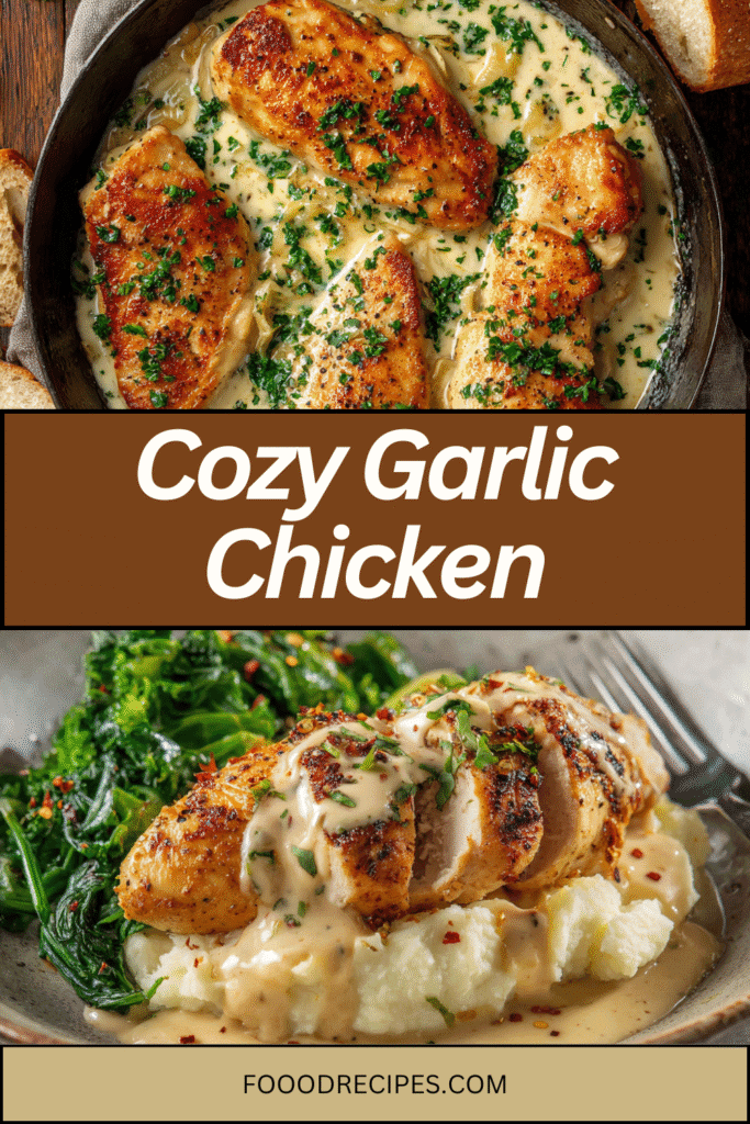 Cozy one-pot creamy garlic chicken with mashed potatoes and greens