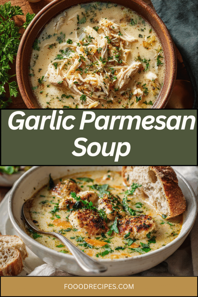 Garlic Parmesan Chicken Soup in rustic bowls served with herbs and bread