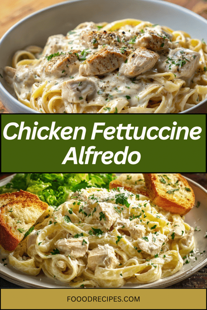 Delicious slow cooker chicken fettuccine Alfredo with garlic bread and salad