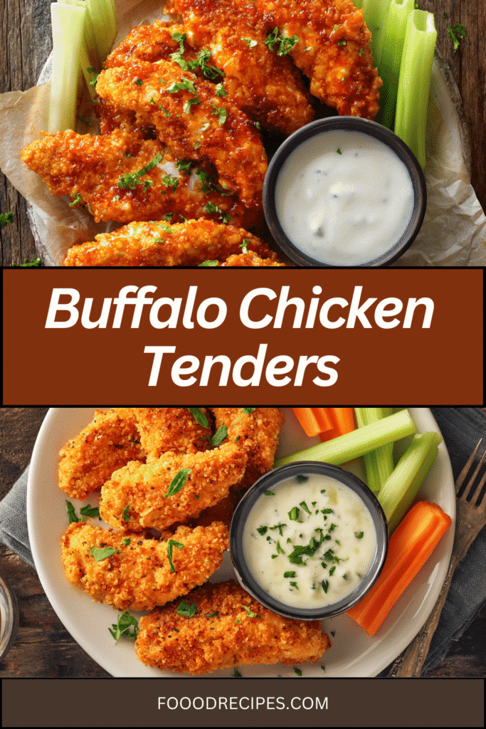 Crispy baked buffalo chicken tenders served with ranch and celery sticks on a rustic plate.