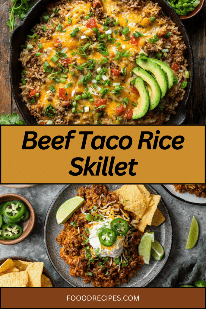 Cheesy beef taco rice skillet in a cast iron pan, topped with avocado and green onions, plus a serving plate with sour cream, lime, and tortilla chips.